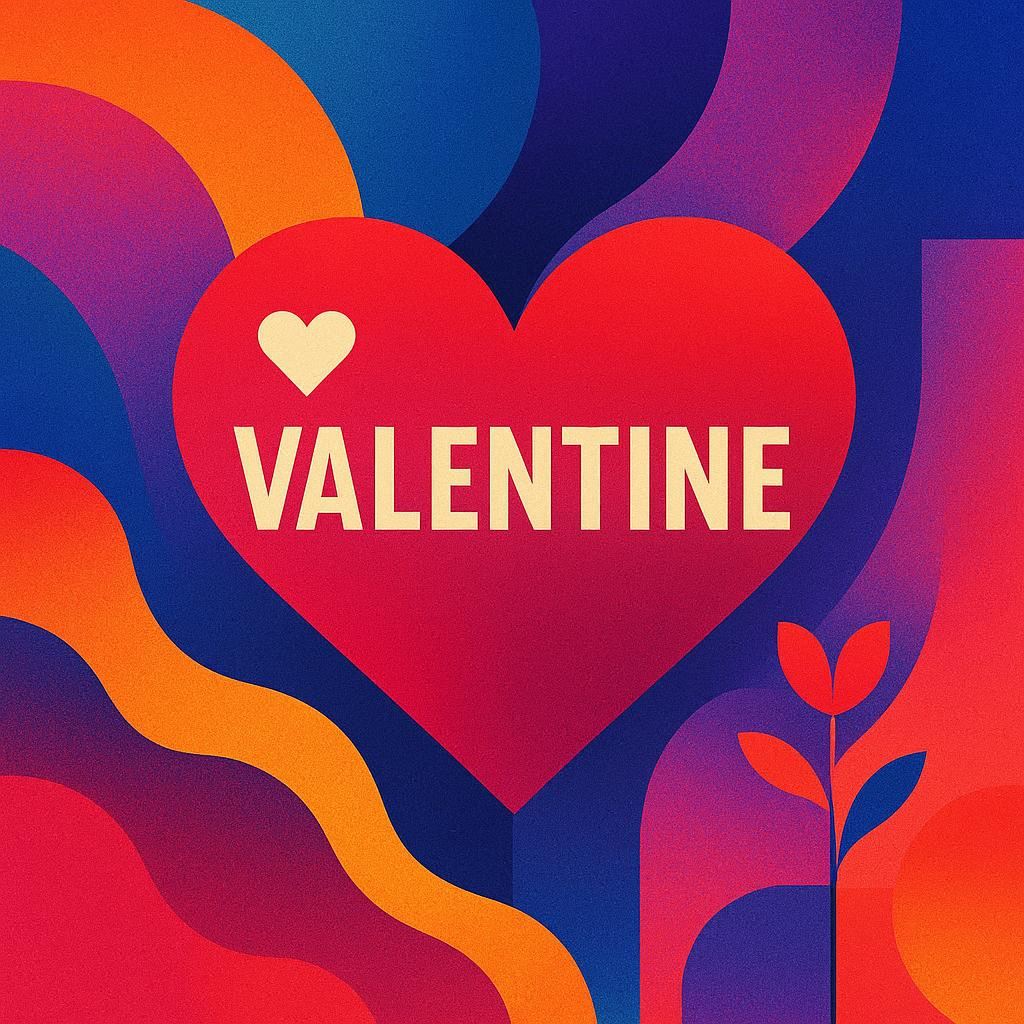 Valentine rendered as contemporary digital artwork with bold saturated color palette and clean precise linework. Modern illustration featuring smooth gradient transitions, geometric shapes harmoniously blended with organic flowing forms. Trending artistic style popular on creative platforms, balanced asymmetrical composition with dynamic visual hierarchy, subtle texture overlays adding depth and dimension to the piece