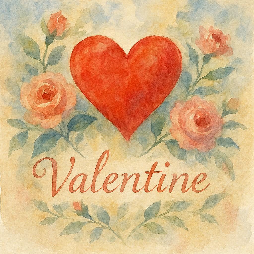 Elegant Valentine rendered in classical watercolor style with masterful control of water-to-pigment ratios. Luminous transparent layers building depth through glazing technique, preserved white paper highlights creating natural luminosity. Impressionistic approach with confident spontaneous brush marks, harmonious cool and warm color temperature balance, gallery-worthy fine art aesthetic with timeless artistic appeal
